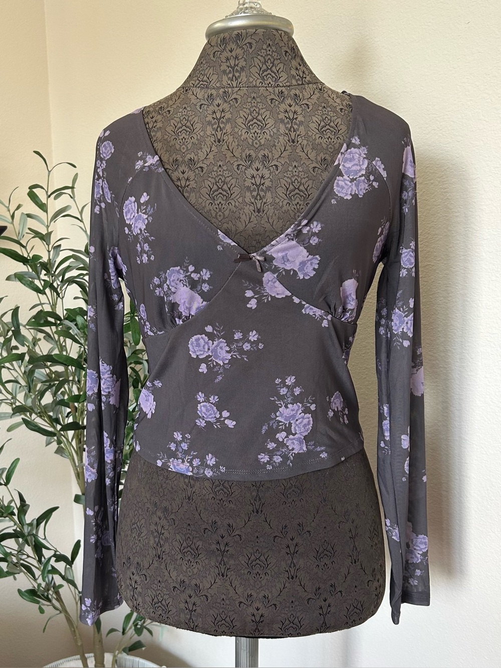 Pink Rose Charcoal Floral Long-Sleeve Wrap Top with Lilac Print